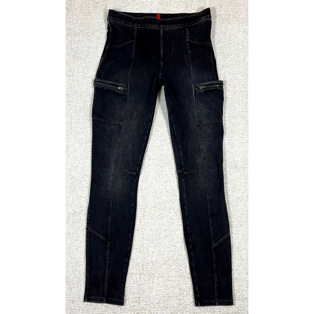SPANX Cargo Jeggings Pants Women's Medium Black Stretch Zip Pockets Moto
